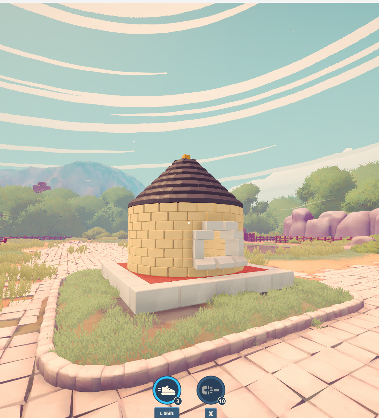 The round test tower in the game: a tower of 2×1 blocks along a circle with a framed pointed window and a cone roof of tile rings