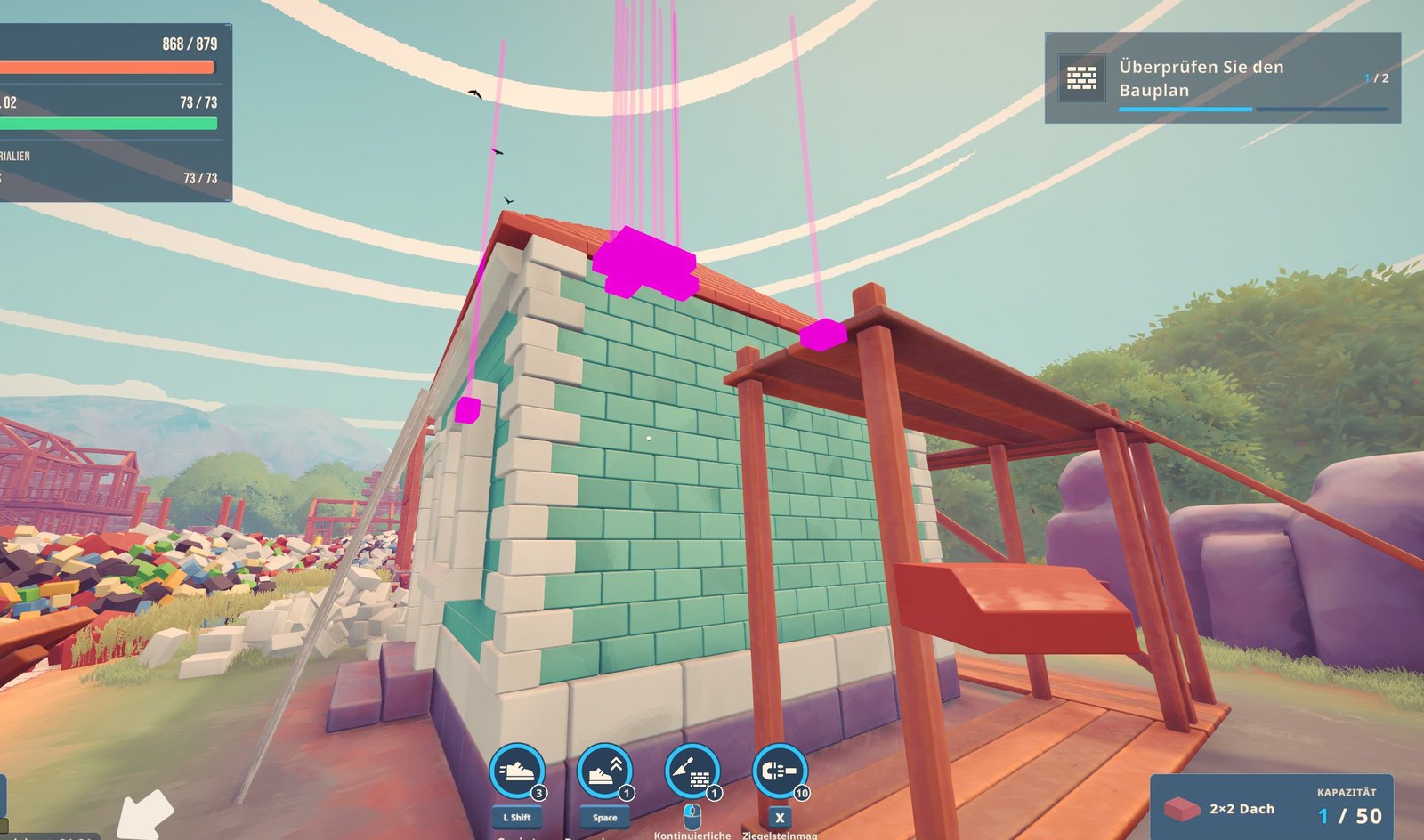 BuildHelper in the game: the missing bricks of a house shown as magenta boxes through the roof, each with a line upwards