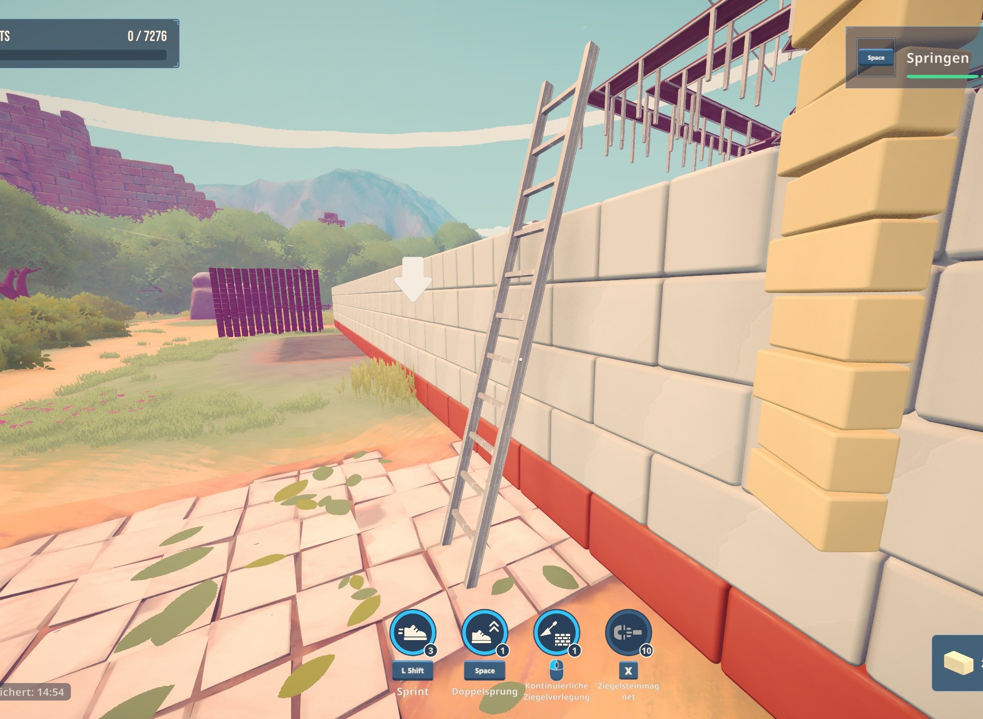 The ladder of the Ladder mod leaning against the wall of a platform in the game, its top over the edge